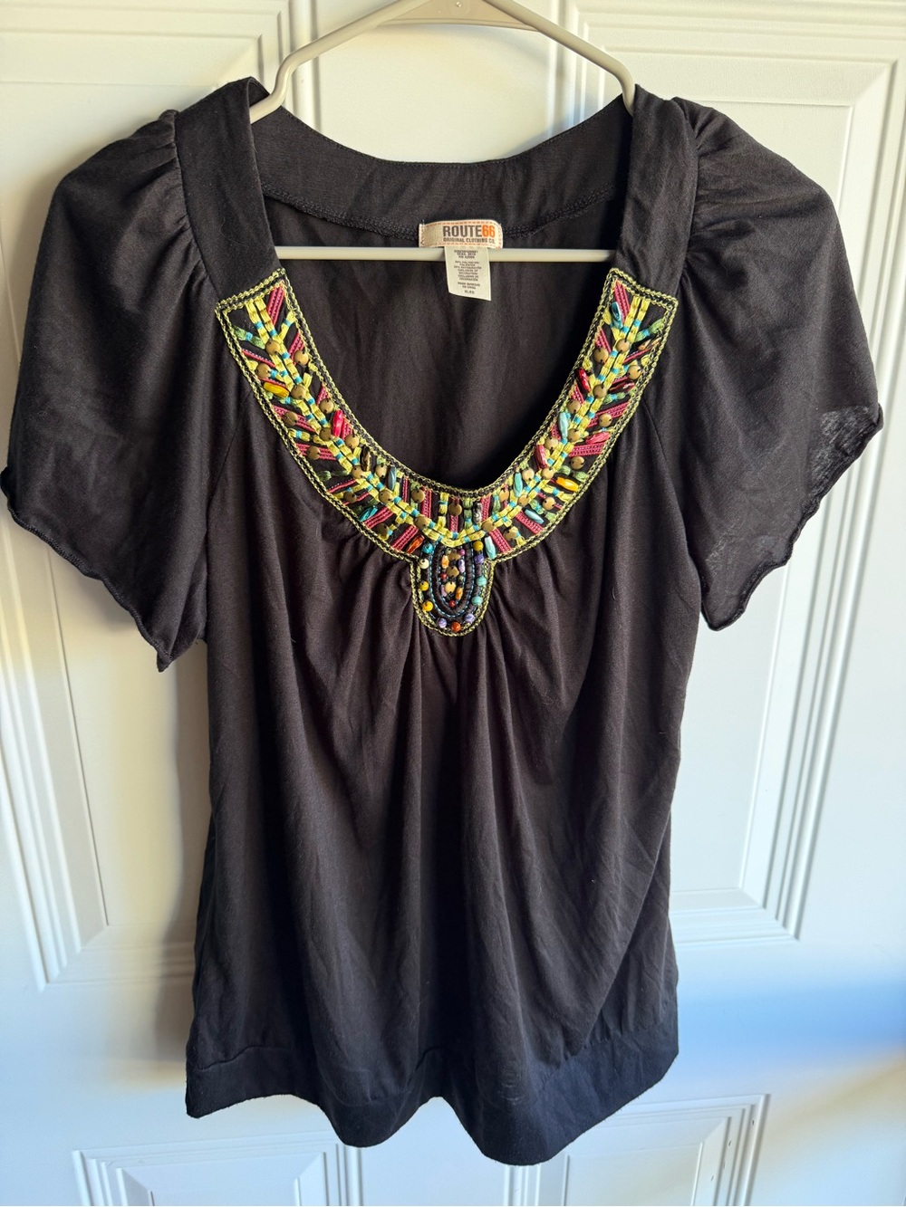 Route 66 Vintage Black Short-Sleeve Beaded V-Neck Top